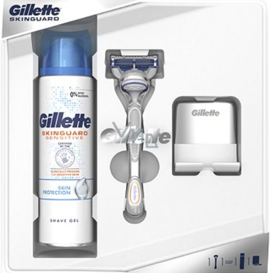 Kosmetická sada pro muže Gillette SkinGuard Sensitive holicí strojek + hlavice + gel na holení + stojánek