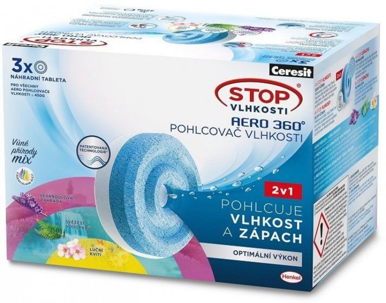 3 x NÁHRADNÍ TABLETA CERESIT STOP VLHKOSTI AERO 360°  -  3 X 450 G - MIX VŮNÍ