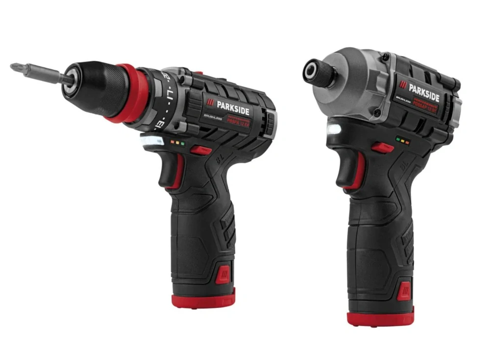 Aku vrtací šroubovák PARKSIDE PERFORMANCE PBSPA 12 E4 + aku rázový utahovák PDSSAP 12 B1 + nab. + bat.  2x 2 Ah