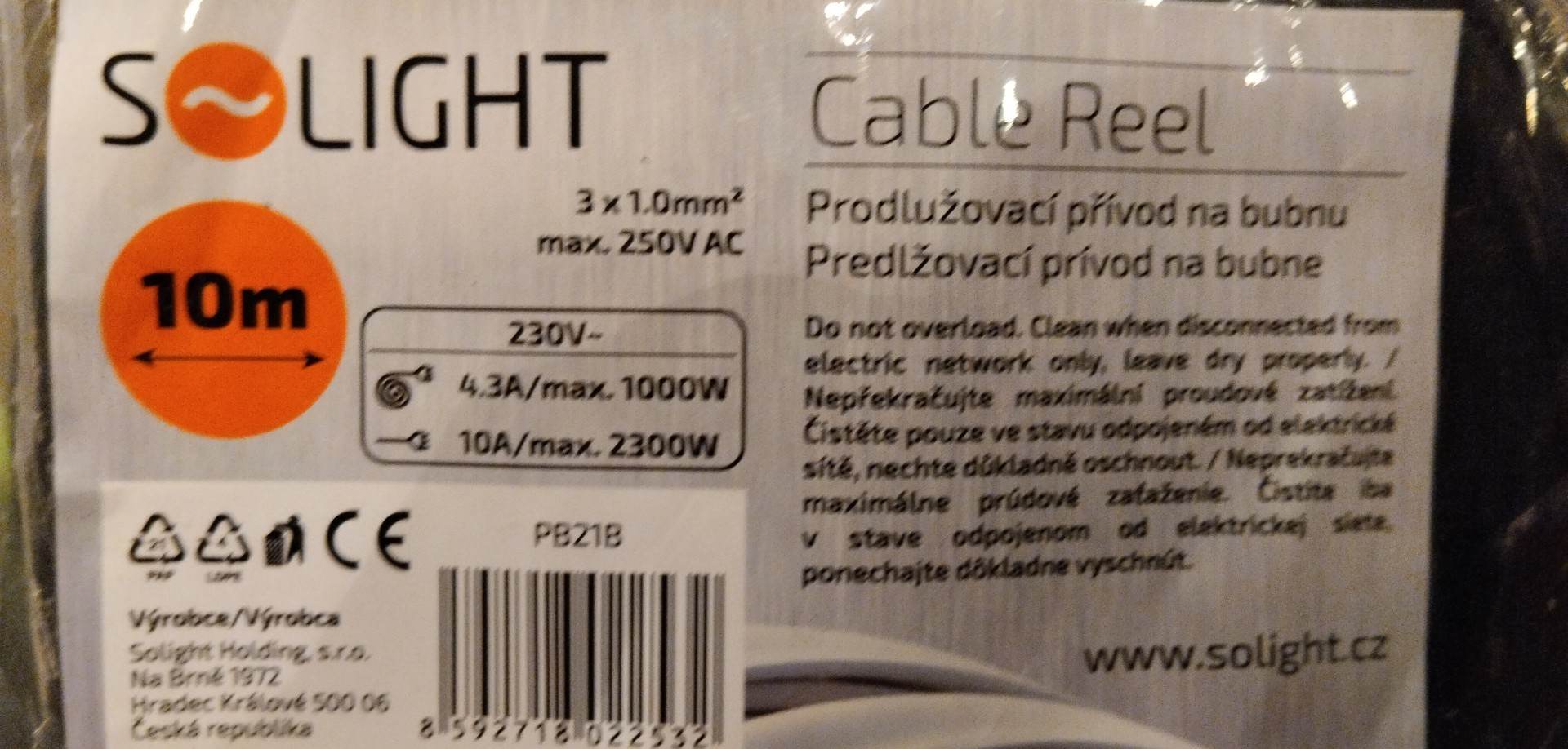 Prodlužovací kabel na bubnu - 4 zásuvky 10m SOLIGHT PB21B