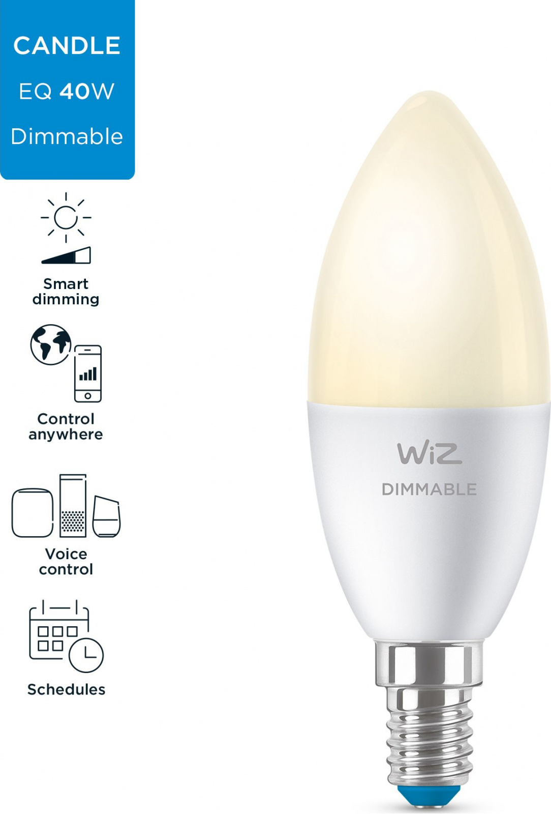 WiZ LED žárovka E14 C37 4,9W 470lm 2700K IP20, stmívatelná