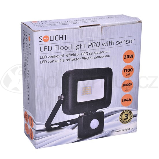 Venkovní reflektor Solight LED PRO se senzorem, 20W, 1700lm, 5000K, IP44