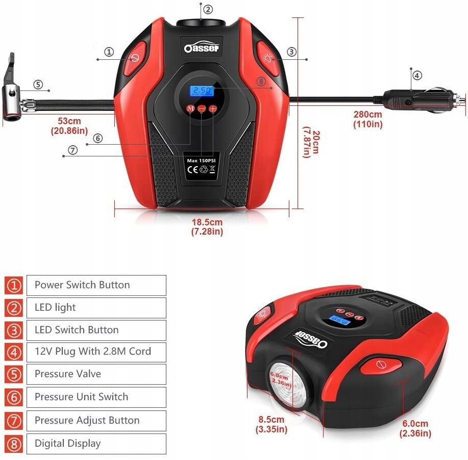 Přenosný kompresor Oasser P6 LCD displejem 12V DC, 150PSI (VYSTAVEN BEZ OBALU)