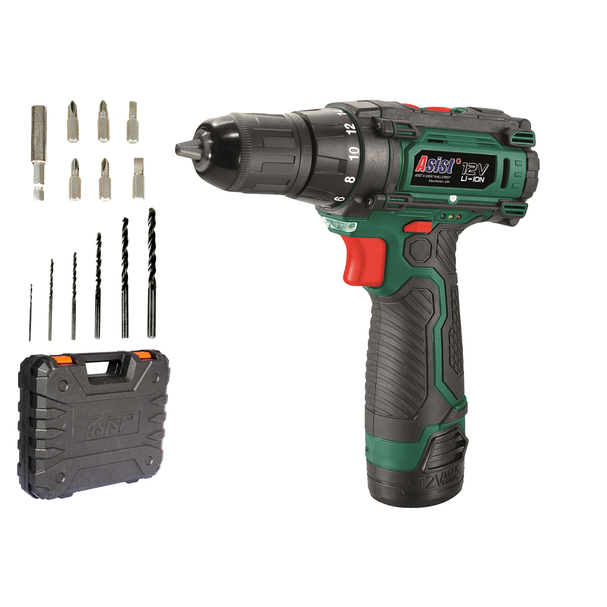 Aku vrtačka 12V / 2Ah s kufrem ASIST AE2V12DN-201-BMC