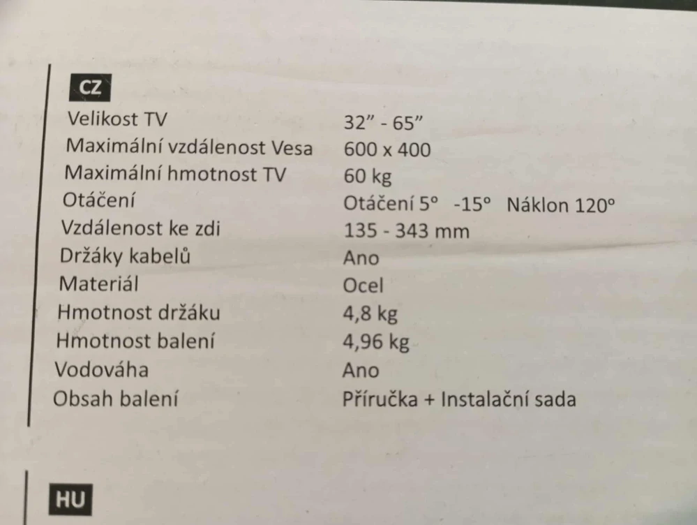 UNIVERZÁLNÍ NÁSTĚNNÝ DRŽÁK BRACKER  FM600400 PRO TV 32–65 PALCŮ DO 60 KG