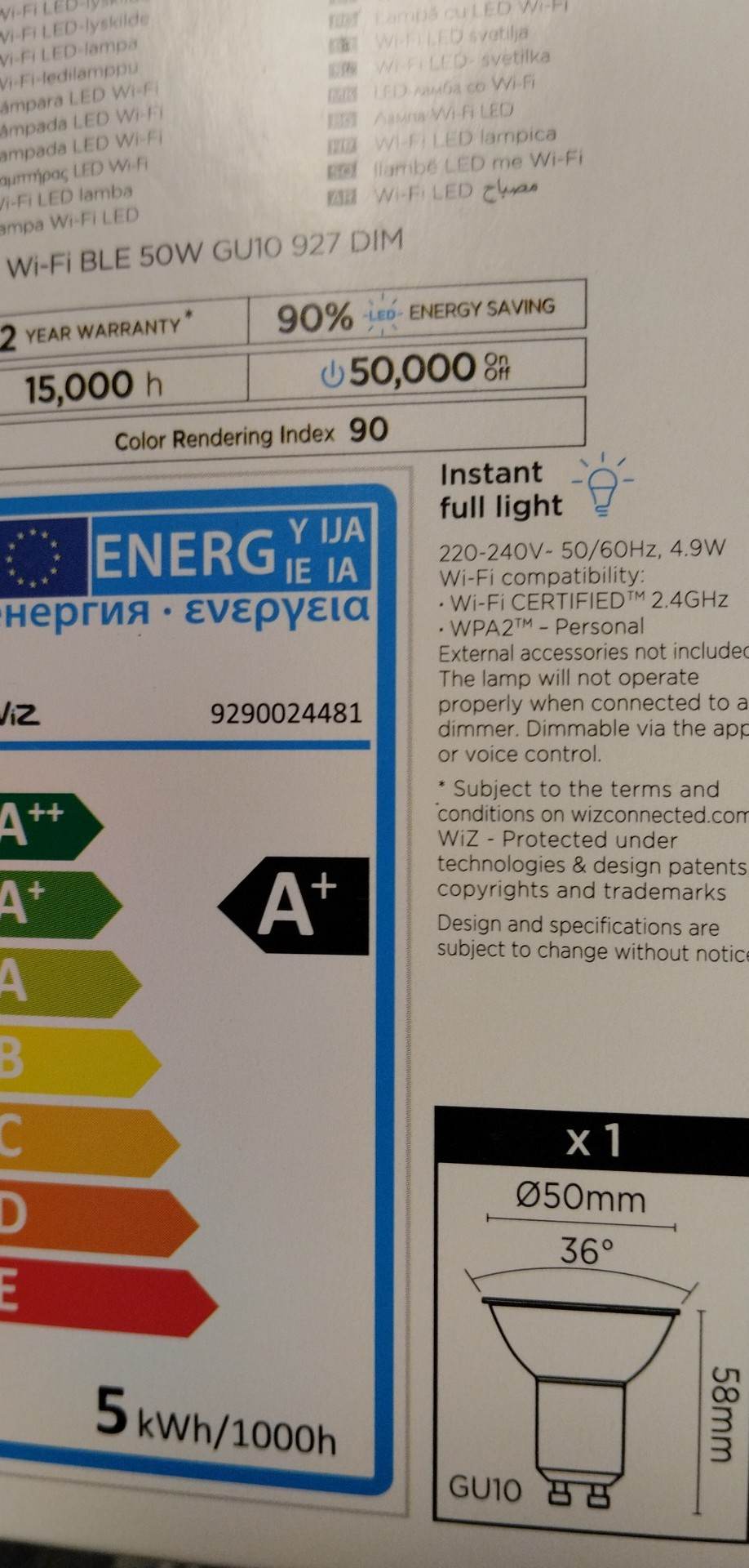 LED Stmívatelná žárovka PAR16 GU10/4,7W/230V 2700K CRI 90 Wi-Fi - WiZ
