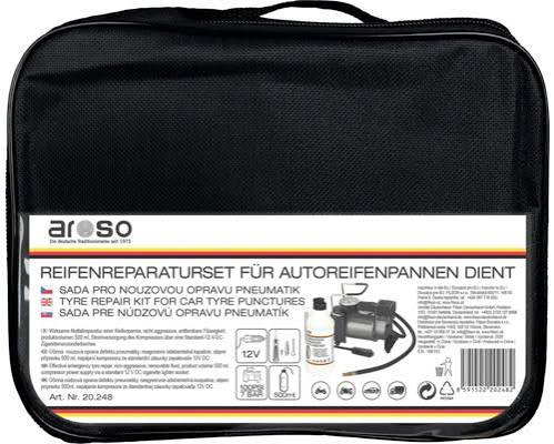 AROSO Sada na opravu defektu pneumatiky – těsnicí kapalina 500 ml + 12V kompresor