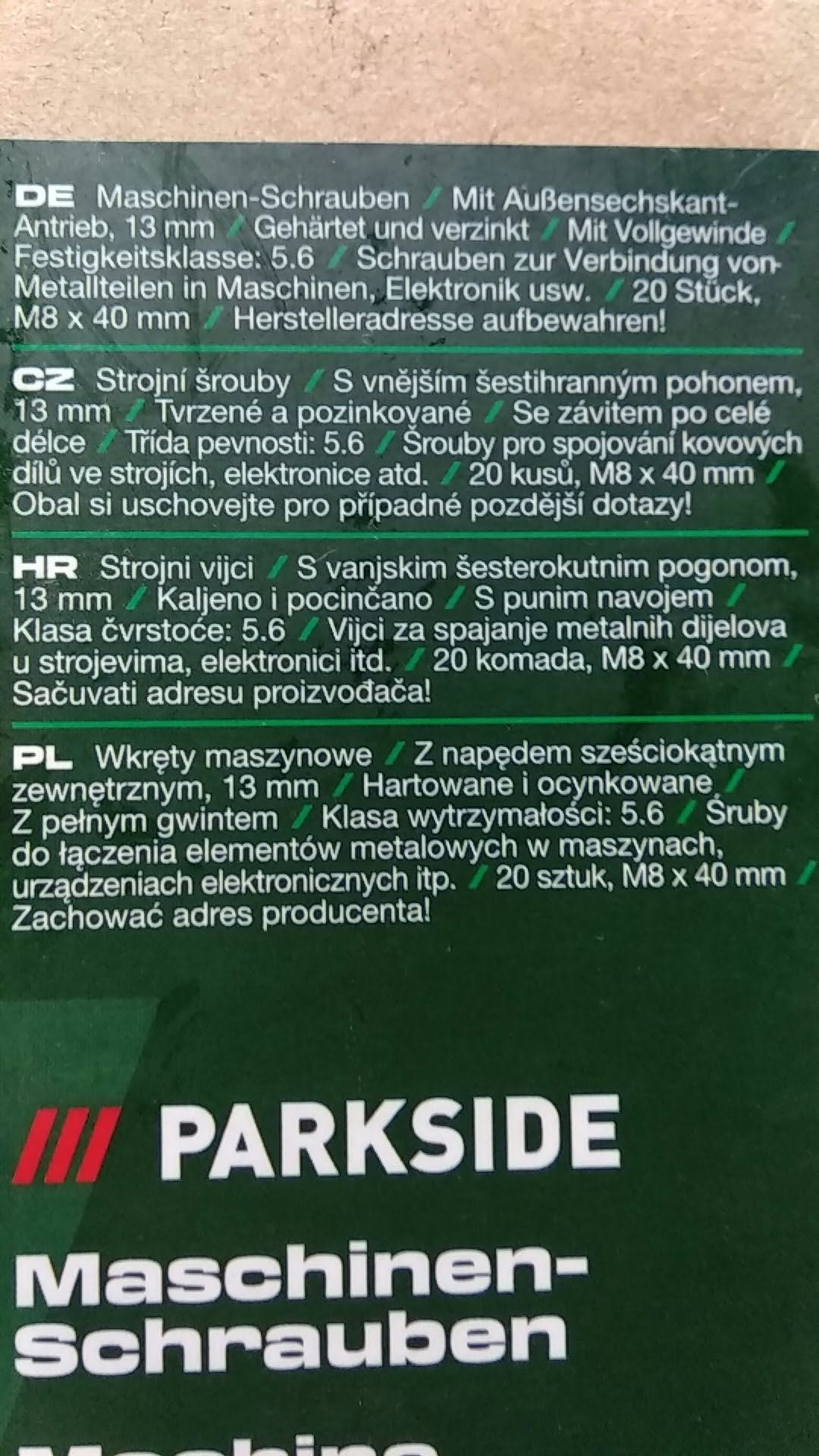 Strojní šrouby PARKSIDE M8 x 40 mm 20ks