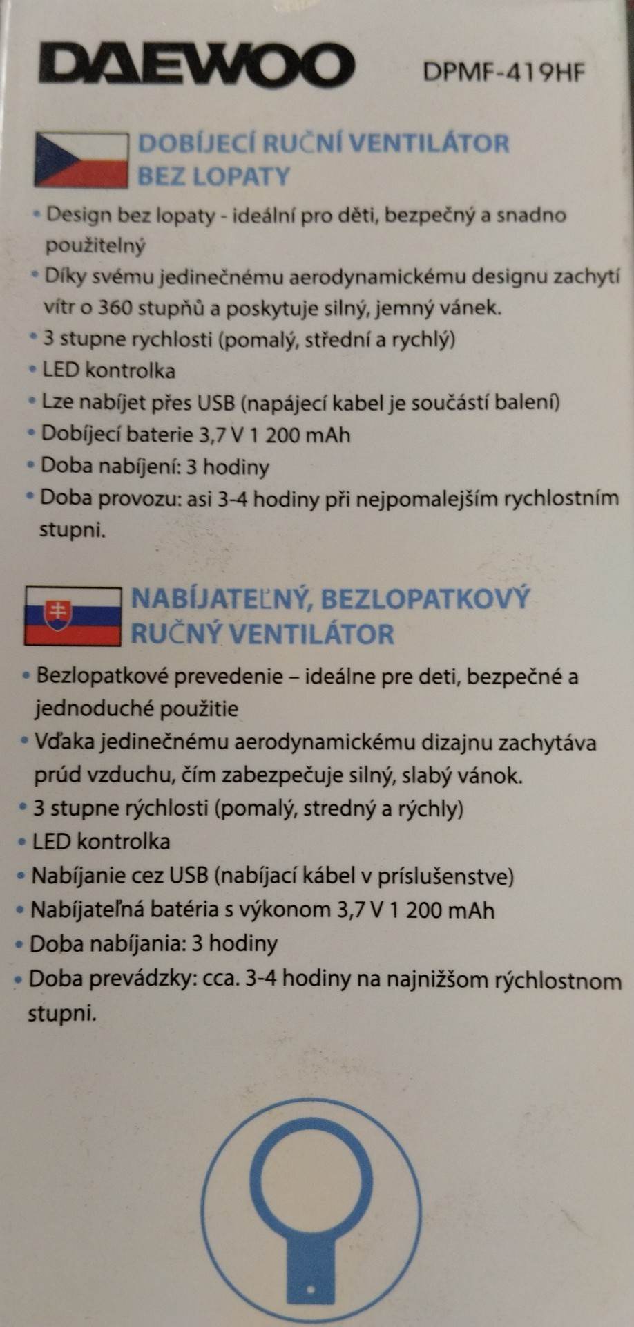 Dobíjecí ruční ventilátor bez lopatky Daewoo DPMF-149HF