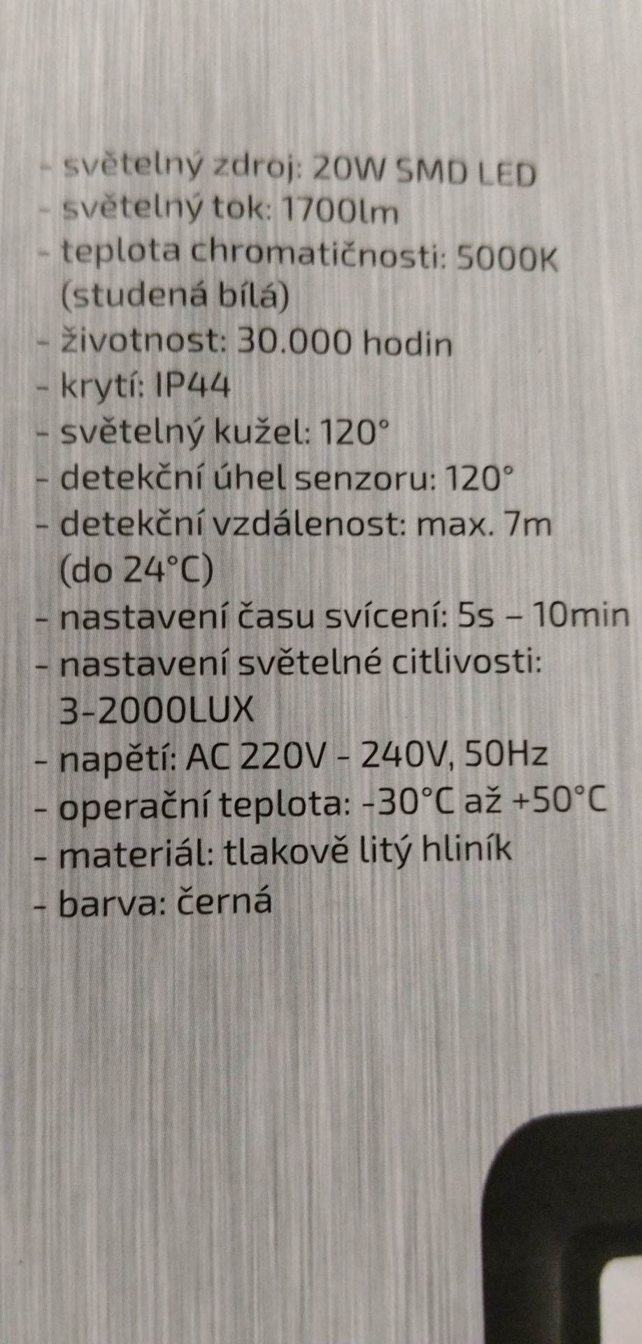 Venkovní reflektor Solight LED PRO se senzorem, 20W, 1700lm, 5000K, IP44